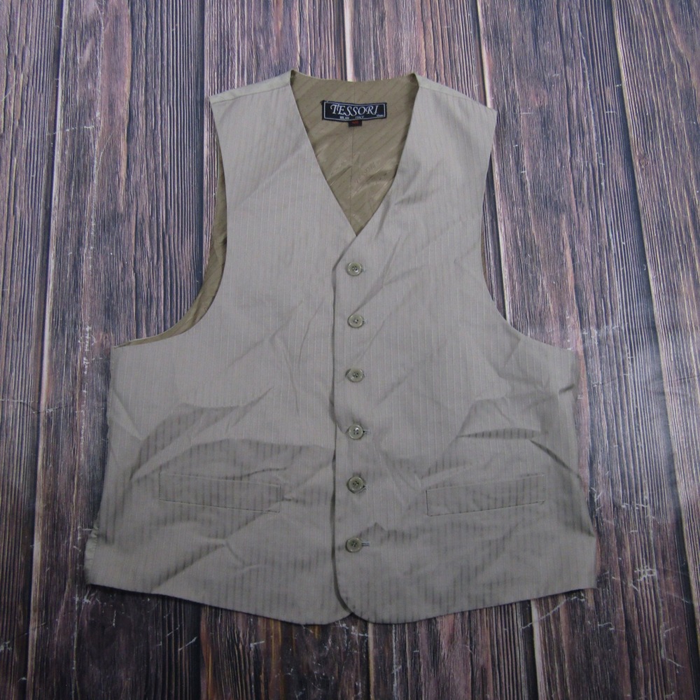 Tessori Suit Vest Mens 40S Taupe Pinstripe Formal Cinch Back Waistcoat